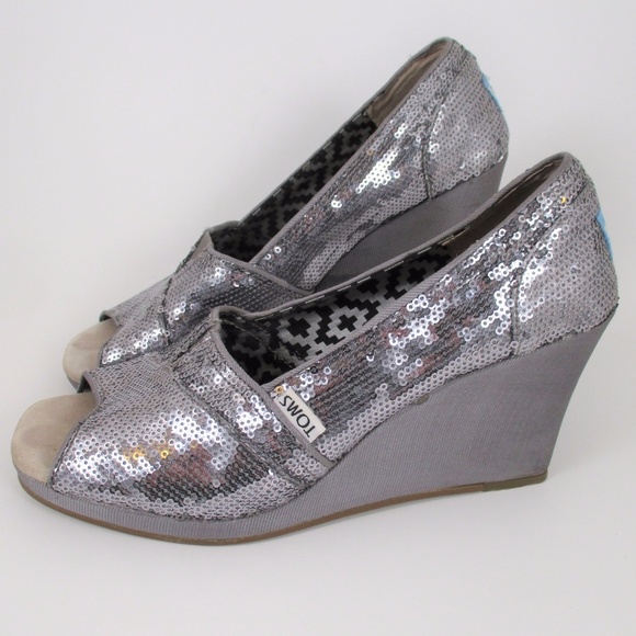Toms 8 Wedge Peep Toe Stella Sequin Silver Dance - Picture 1 of 8
